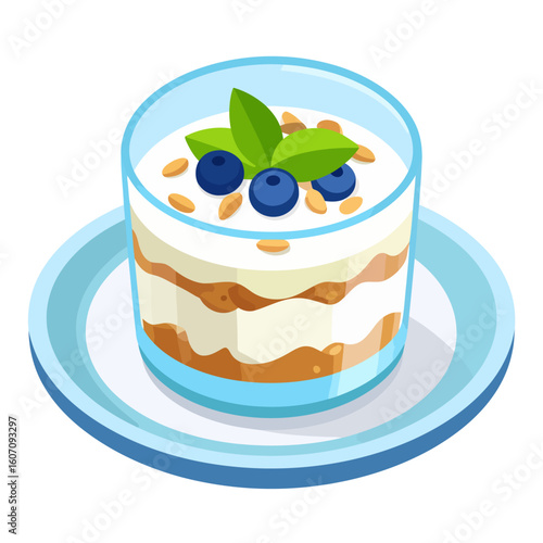 Layered yogurt parfait in a glass with fresh blueberries, granola, and mint leaves on a plate.