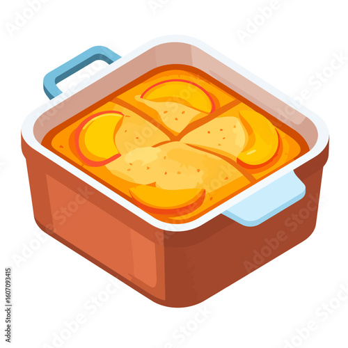Warm homemade peach cobbler with a golden crust and sliced fruit, served in a square terracotta baking dish.