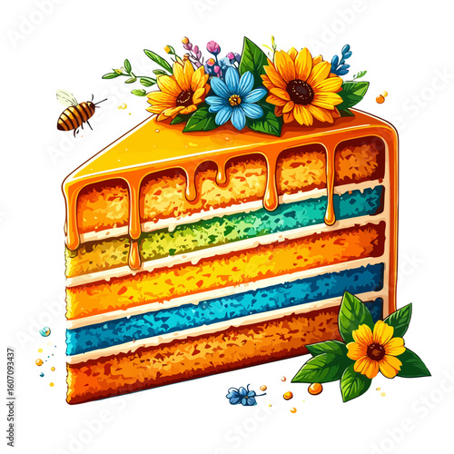 Vibrant slice of rainbow layer cake with dripping honey glaze, decorated with sunflowers, wildflowers, and a bee.