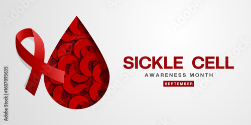 September Is National Sickle Cell Awareness Month. Sickle cell and ribbon. Great for posters, banners and social media. White background.