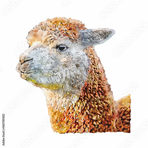 Watercolor Painting of Cute Alpaca Head with Detailed Fur