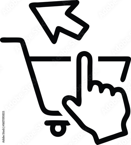 Black outline shopping cart with cursor and finger icon