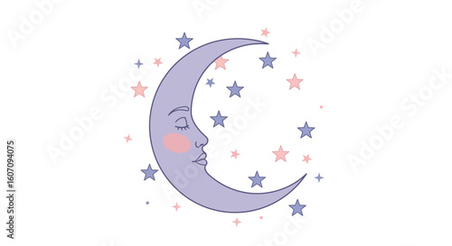Dreamy crescent moon with stars in soft pastel colors