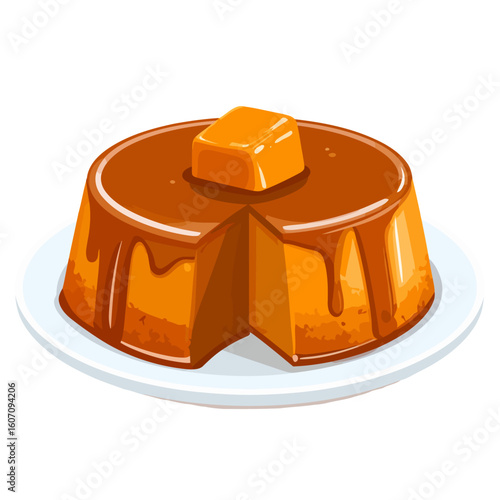 Illustrated caramel flan pudding with a glossy dripping sauce and a missing slice, served on a white plate.