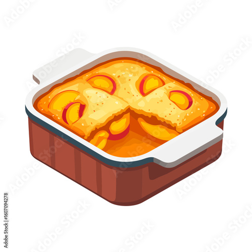 Golden peach cobbler with sliced fruit in a square ceramic baking dish, isometric view.