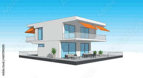 Modern two-story house with orange awnings and rooftop terrace