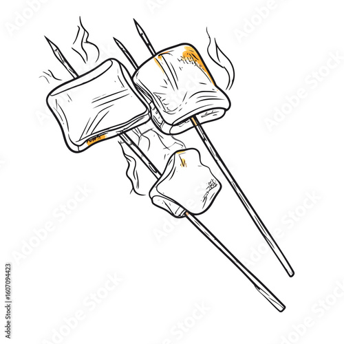Hand-drawn illustration of three toasted marshmallows on skewers with golden char marks and steam.