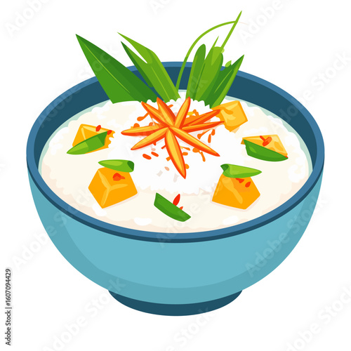 Stylized bowl of creamy rice porridge topped with diced mango, pandan leaves, and a chili flower.