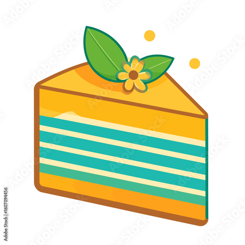 Vibrant cartoon slice of layered cake with yellow and teal stripes, garnished with a flower and leaves.