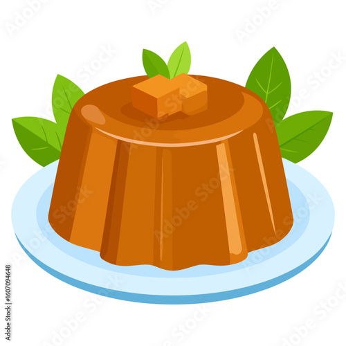 Shiny caramel pudding dessert with diced topping and fresh mint leaves on a plate.
