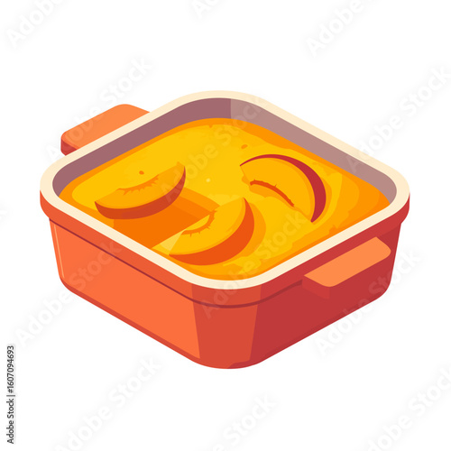 Freshly baked peach cobbler with fruit slices in a vibrant orange ceramic baking dish.