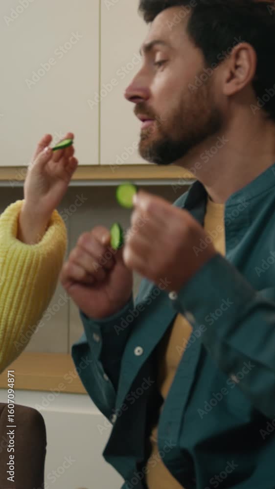 custom made wallpaper toronto digitalHappy Caucasian family at kitchen playing fooling having fun Caucasian child girl daughter kid with father holding cucumber slices like glasses cover eyes with vegetable circles joyful funny cooking
