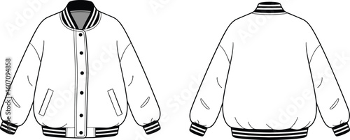 Bomber varsity jacket front and back flat sketch, fashion cad drawing, vector technical illustration for unisex outerwear garment design