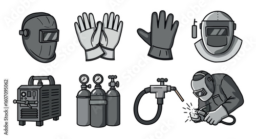 Welding equipment and safety gear set in black and white cartoon style