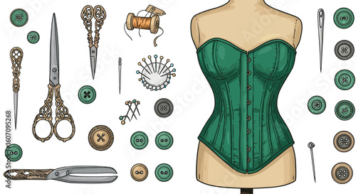 Vintage sewing elements with green corset mannequin and decorative tools