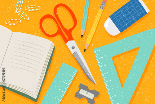 Vector Top View Desk Background – Notebook, Ruler, Scissors, Paper Clips, Eraser, and Pencil Sharpener