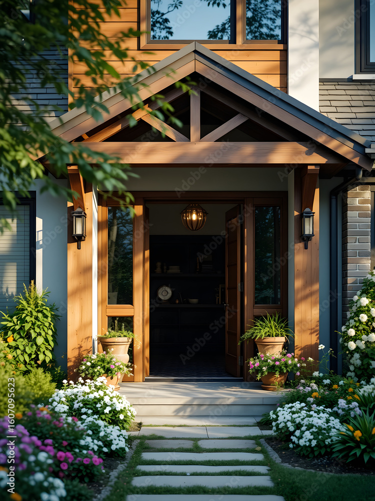 Obraz premium The front door of a house is open, revealing a beautiful garden with flowers