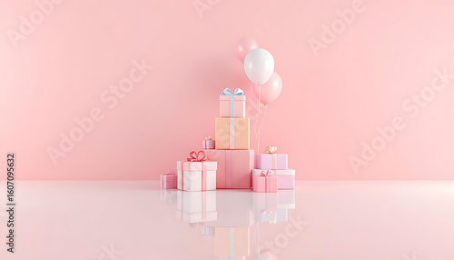 Pastel Pink Gift Boxes and Balloons on Pink Background, Festive Birthday or Anniversary Celebration Decorations, Minimalist Product Presentation