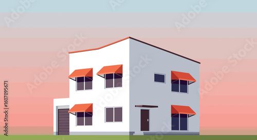 Minimalist two-story house with red awnings and sunset gradient background