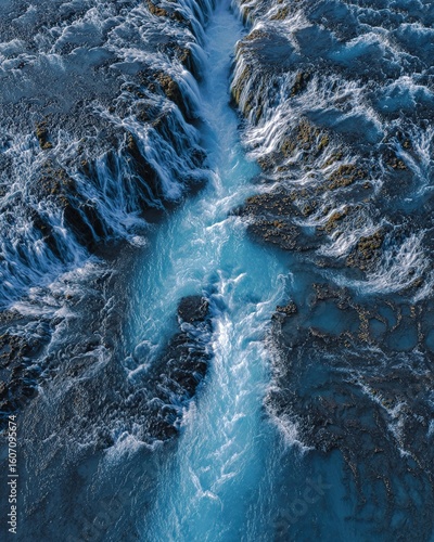 Brúarfoss blue waterfall with glacial milk river creating lace-like water patterns. Ethereal background for wedding invitations or spa branding. 