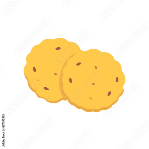 Two golden-yellow crackers with wavy edges and dark seeds, flat illustration style.