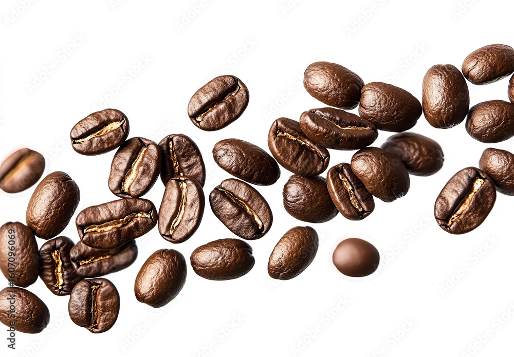 Fototapeta premium Coffee beans falling on a transparent background,clipping path