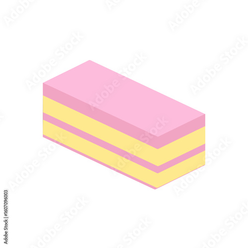Isometric slice of a layered sponge cake with pink and yellow pastel frosting.