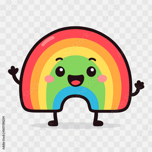 A vibrant and joyful illustration of a rainbow, personified with a wide, happy grin, expressive eyes, and playful limbs. Its arc displays a full spectrum of colors, radiating positivity against a soft