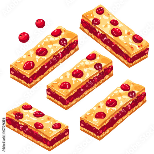 Stylized isometric set of layered cherry crumble bars with a golden pastry crust and glossy red berry topping.