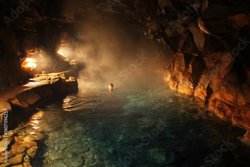Grjótagjá lava cave hot spring in tectonic fissure with steam atmosphere bathing pool. Geotourism concept for travel blogs or wellness branding.
