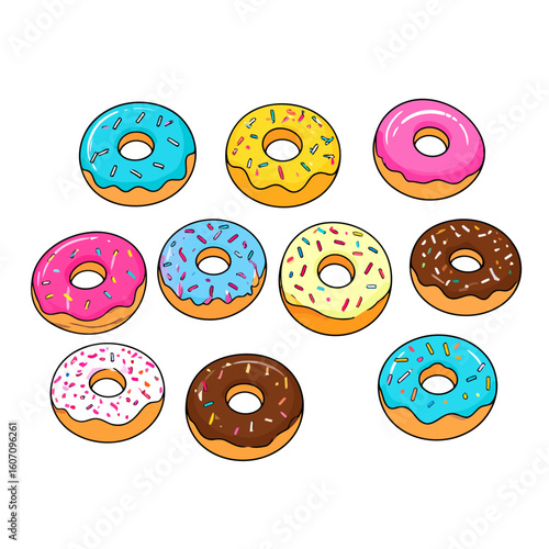 Set of colorful cartoon donuts with glossy glaze and sprinkles