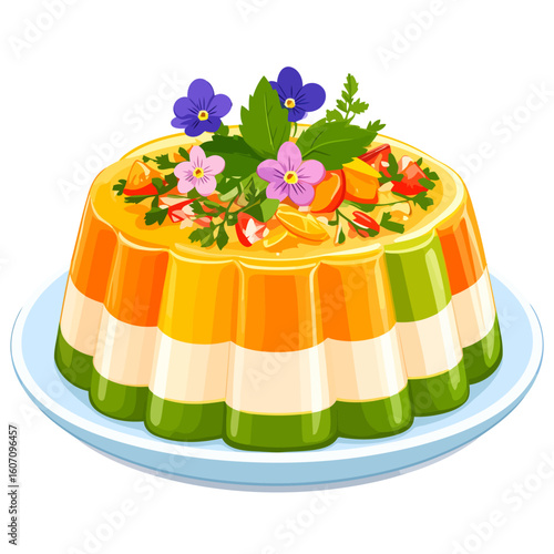 Colorful layered gelatin dessert with orange, white, and green stripes, garnished with edible flowers and fruit pieces on a plate.