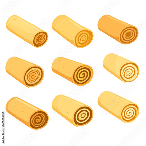 Set of cartoon rolled pancakes with sweet swirl filling, illustrated in a golden yellow and brown color palette.