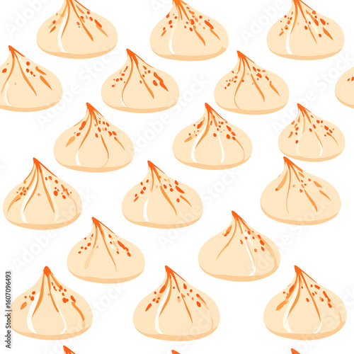 Seamless pattern of illustrated Asian steamed dumplings with pleated orange-tipped tops.