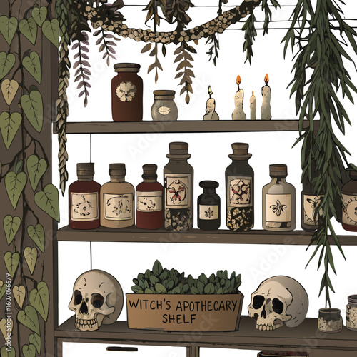 A detailed illustration of a witch’s apothecary shelf with jars, skulls, and herbs