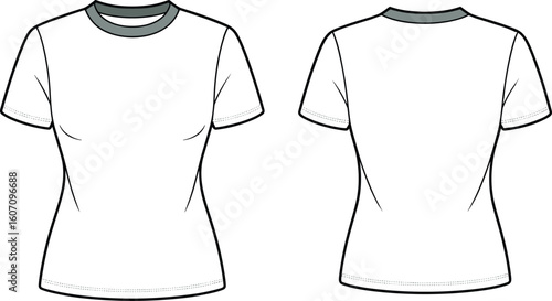 Women’s crew neck fitted t-shirt flat sketch front and back, vector fashion cad template for apparel technical design