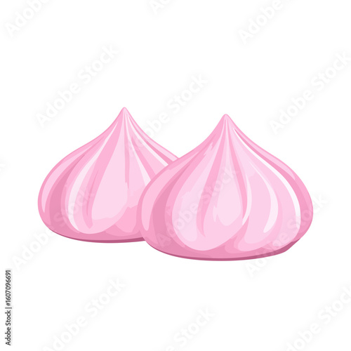 Two glossy pink meringue kisses with delicate swirls. A sweet, airy confection illustration.