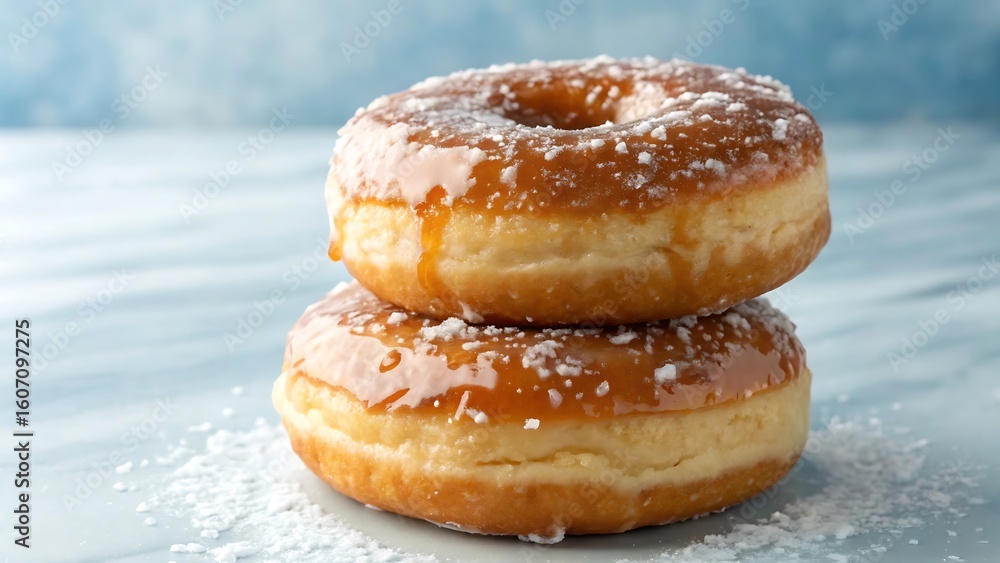 A stack of two delicious caramel glazed donuts sprinkled with powdered sugar on a marble surface transparent background A stack of two delicious caramel glazed donuts sprinkled with powdered sugar on a marble surface transparent background