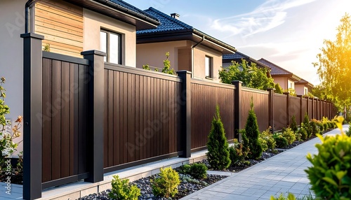 Modern homes with brown fences and landscaping