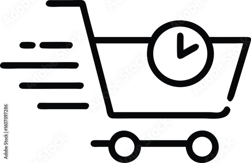 Black shopping cart icon with speed lines and clock