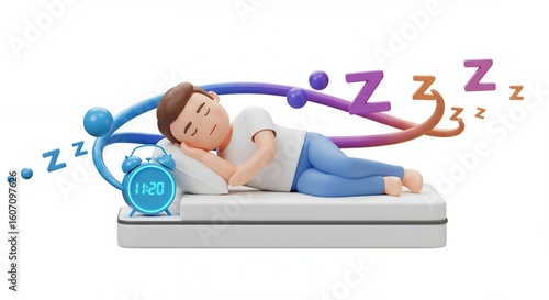 Cartoon person sleeping on a bed with alarm clock