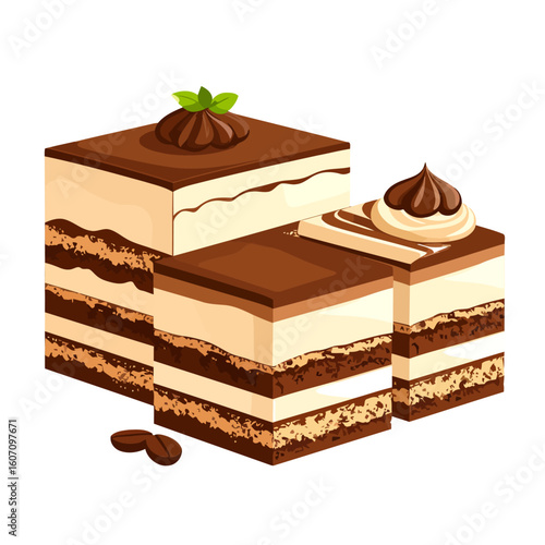 Delicious layered tiramisu cake slices with chocolate swirls, mint garnish, and coffee beans.