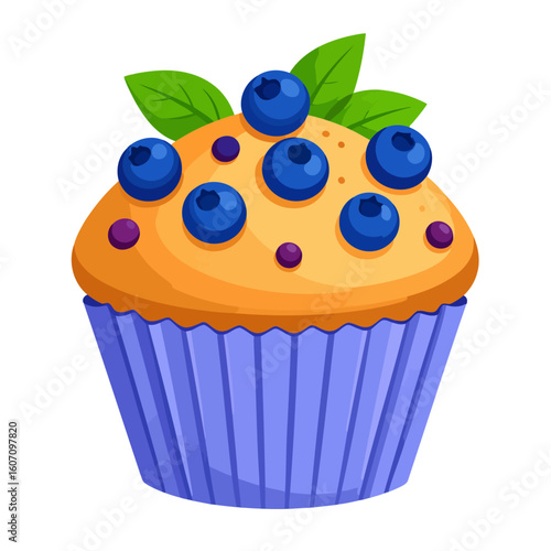 A vibrant cartoon illustration of a golden blueberry muffin topped with fresh berries and green leaves in a purple paper cup.