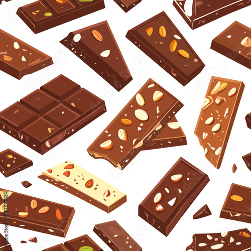 Assortment of milk, dark, and white chocolate bars with whole and chopped nuts.