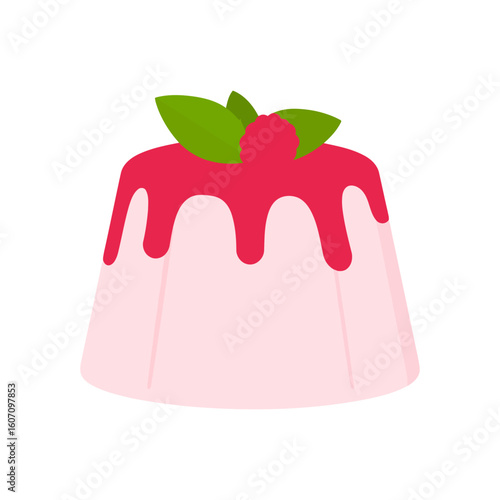 Pink panna cotta dessert with dripping raspberry sauce, topped with a berry and mint leaves.