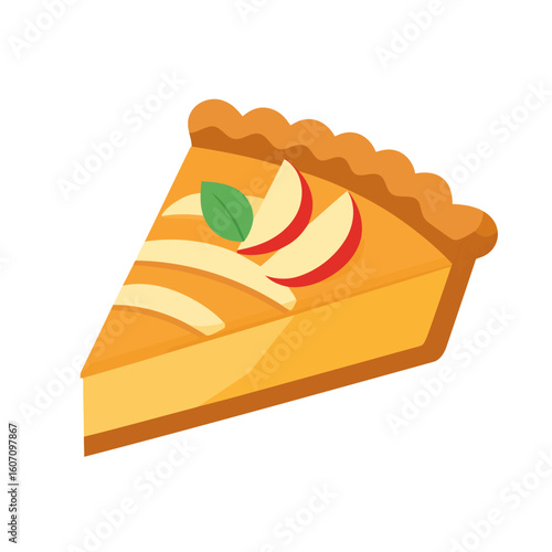 A single slice of apple pie with a golden-brown fluted crust, garnished with fresh apple slices and a mint leaf.