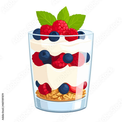 Layered yogurt parfait in a glass with fresh raspberries, blueberries, granola, and a mint garnish. Healthy breakfast dessert illustration.