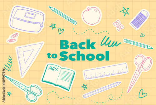 Collection of Cute Doodle Style Vector Stickers – Back to School Stationery in Green, Pink, and Purple on Squared Paper