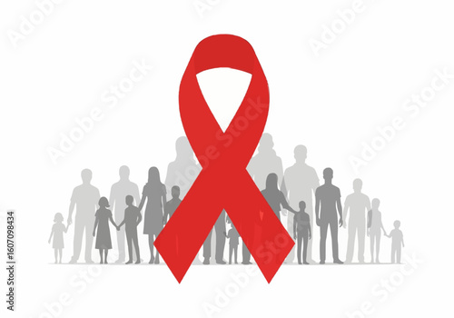 Red Ribbon Symbol for HIV AIDS Awareness with Family Silhouettes