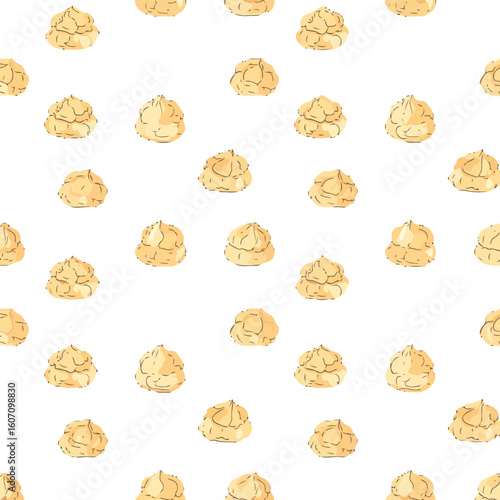 A single golden yellow choux pastry cream puff with a hand-drawn sketched outline.